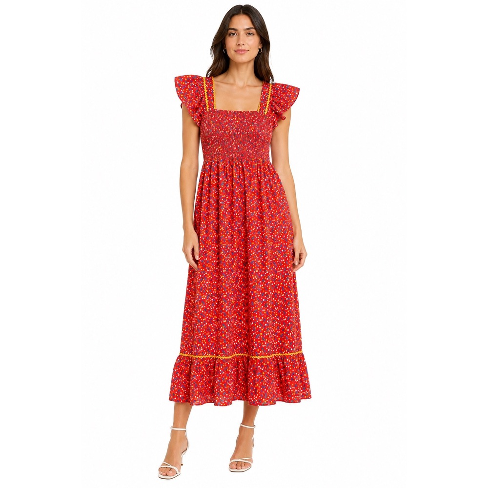 Cottagecore Floral Smocked Midi Dress Red Ruffle Ric Rac Trim‎ Summer Sun Dress